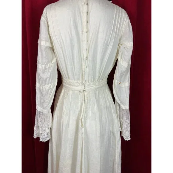 Tall C 1908 Fancy Lace Linen Dress Summer Edwardian Bell Sleeve - Picture 5 of 12